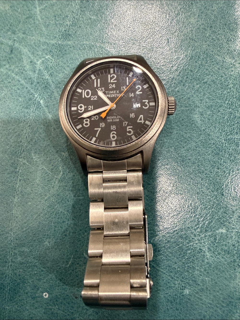 Timex Men’s Stainless Steel Watch with Black Dial and Orange Accents